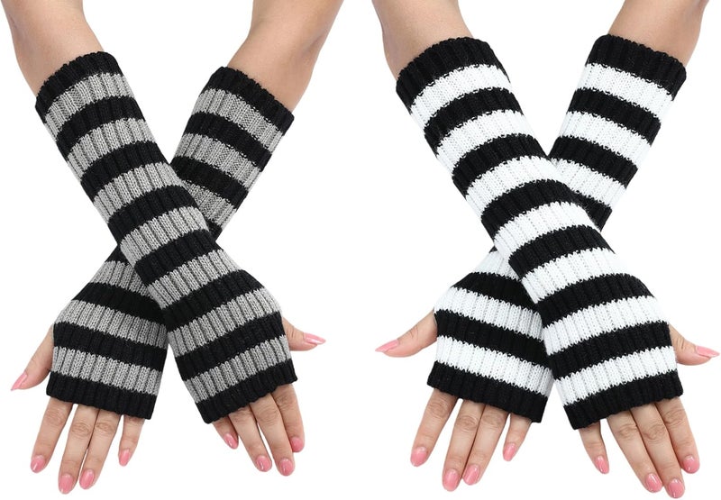Lauthen.S 2 Pack Y2K Striped Arm Warmers Cute Long Sleeve Fingerless Gloves Gothic Arm Sleeves for Women Costume Accessory - Image 1